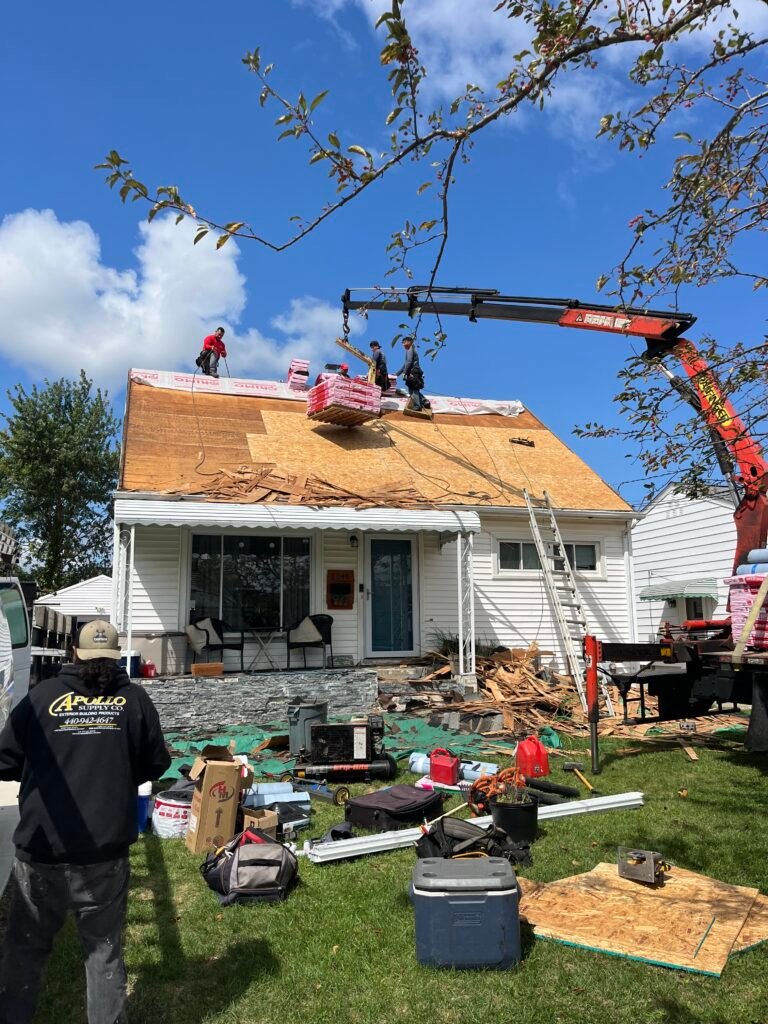 Busy roofing work site