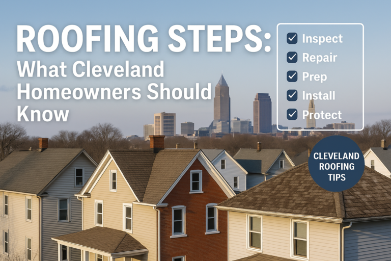 Cleveland skyline with homes and a roof repair checklist