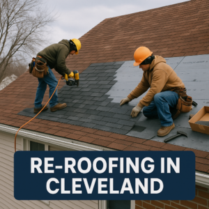 An image depicting laborers installing a 2nd layer on a roof in Cleveland Ohio