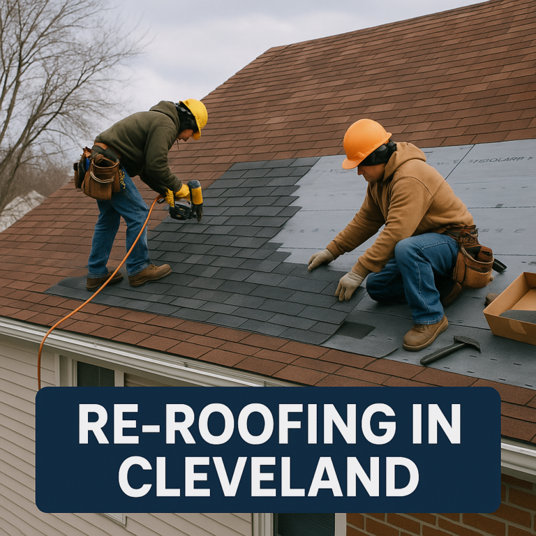An image depicting laborers installing a 2nd layer on a roof in Cleveland Ohio